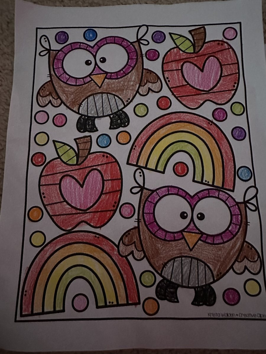 The hand-colored owls, heart apples and rainbows page that inspired this game