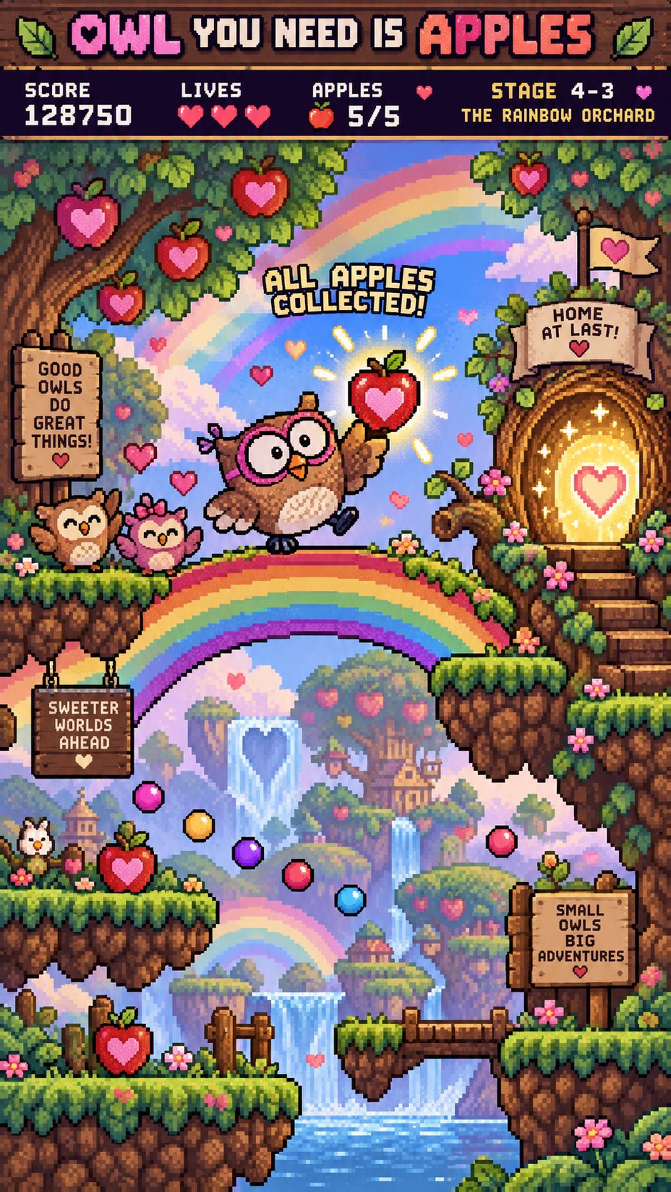 Pixel-art poster: a little owl with pink glasses holding a heart apple on a rainbow bridge